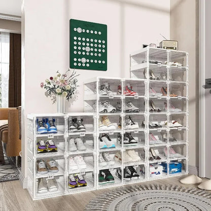 Foldable Shoe Rack for Closet: Plastic, Clear, Space-Saving Stackable Organizer with Magnetic Door, 8-Tier, 16-Pair Capacity