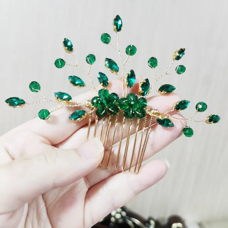 Green Color Rhinestone Hair Combs Bridal Hair Jewelry Leaf Hairpins Pearls Hairpins Bride Wedding Headdress Headband