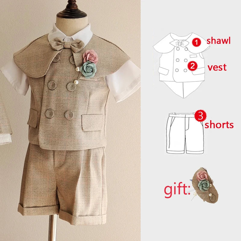 Boys Formal Plaid Suit khaki Baby Daptism Dress Set Child Wedding Birthday Party Photography Costume Kids Clothes High quality