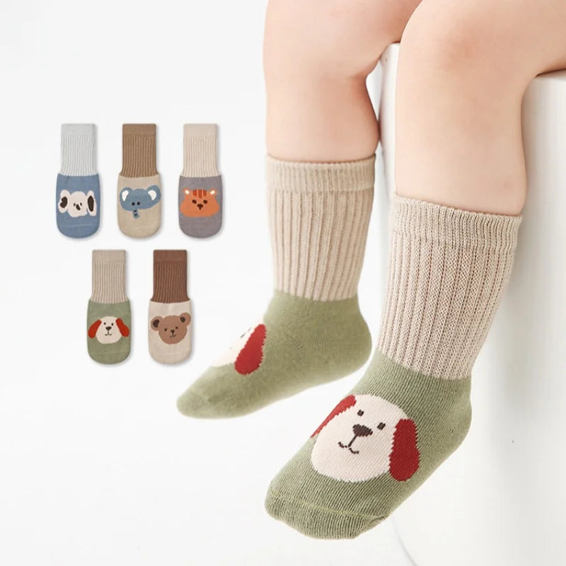 5 Pairs/set Cotton Baby Socks for Newborn Girls Boys Mid Calf Patchwork Cartoon Stockings Kids Cute Clothes Accessories 0-5Years