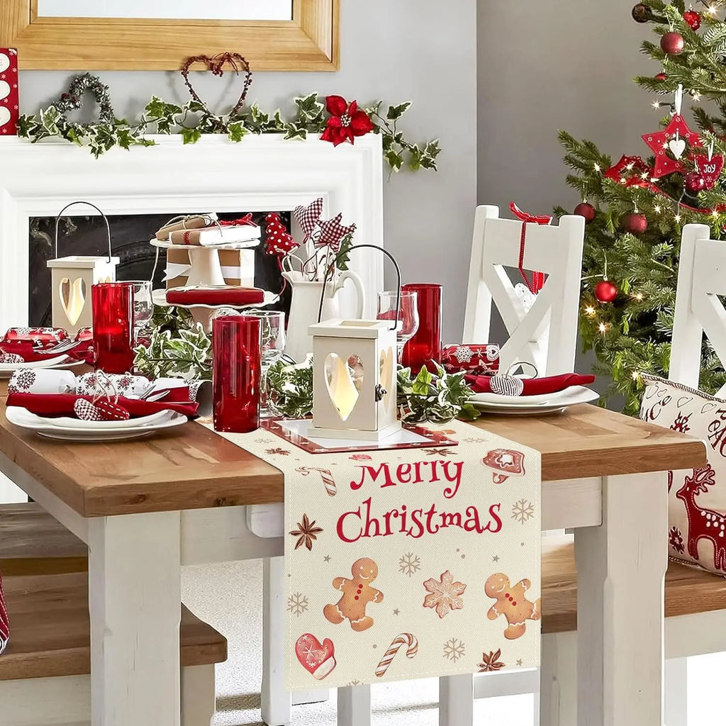 Christmas Gingerbread Xmas Cookie Linen Table Runners Seasonal Winter Holiday Party Dining Table Decor Navidad Decorations 2025