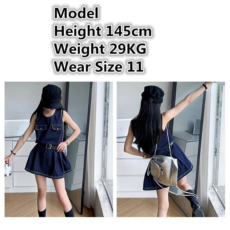 Stylish Kids Fashion Denim Bodysuit Dress for Girls Vintage Dark Blue Jeans Skirt With Belt Child Trendy Streetwear Outfit 5-14Y