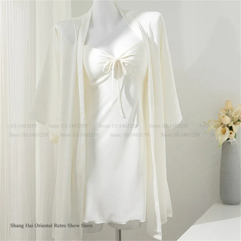 Female 2PCS Robe Nightgown Set Pajama Sexy Suspender Nightdress Lingerie Summer Kimono Bathrobe Gown Rayon Homewear Lounge Wear