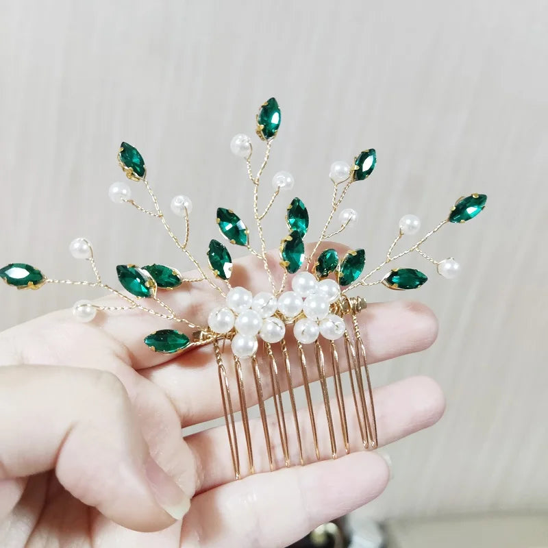 Green Color Rhinestone Hair Combs Bridal Hair Jewelry Leaf Hairpins Pearls Hairpins Bride Wedding Headdress Headband