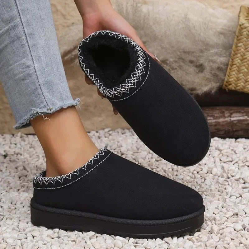 Women Warm Snow Boots Comfortable Cotton Shoes Close Toe Hair Half Slippers Female Autumn Winter Slip on Platform Boots Woman