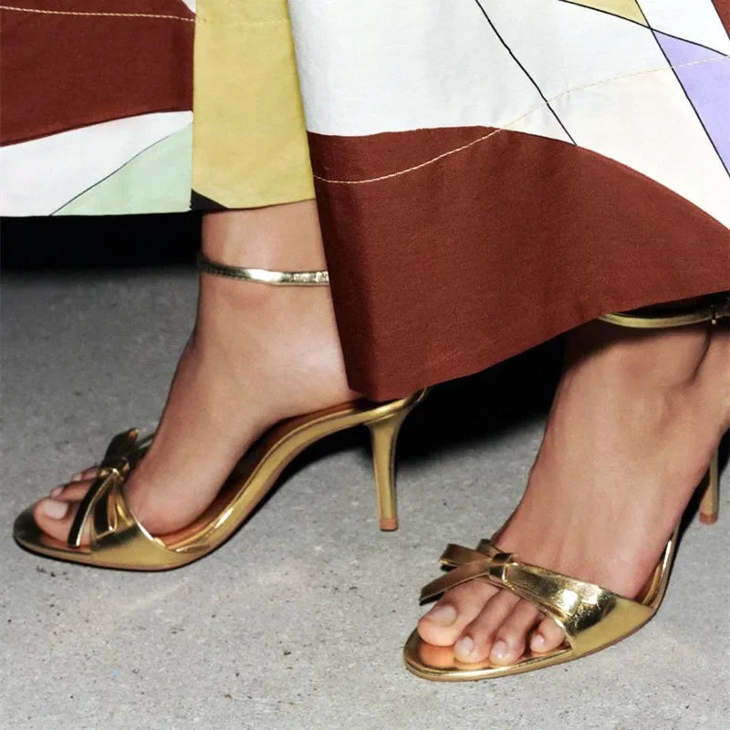 Elegant Golden Bow Brand High Heeled Sandals Women Summer Sexy Open Toe Ankle Buckle Designer Shoes Fashion Comfort Dress Shoes