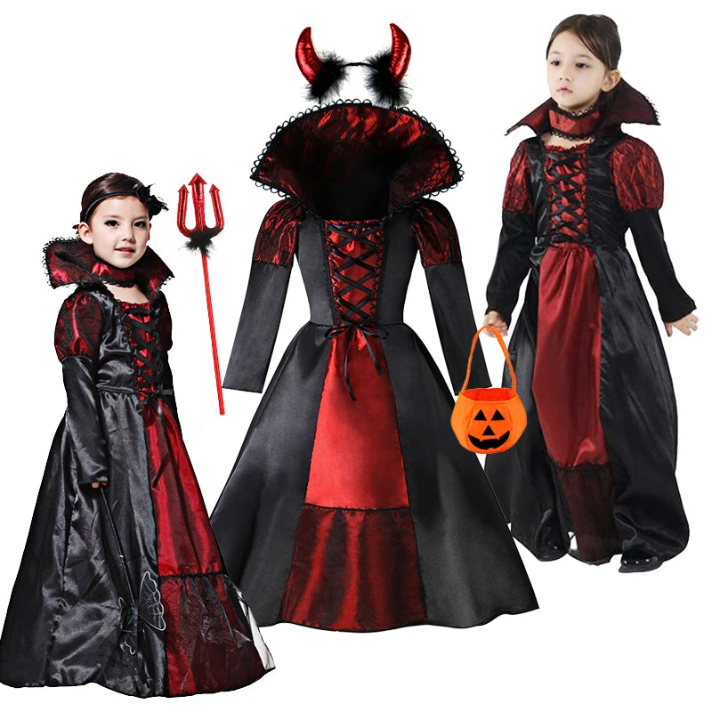 Baby Girls Halloween Ghost Bride Costume Children Cosplay Vampire Princess Dresses Kids Dress Clothes Gothic Carnival Party Gift