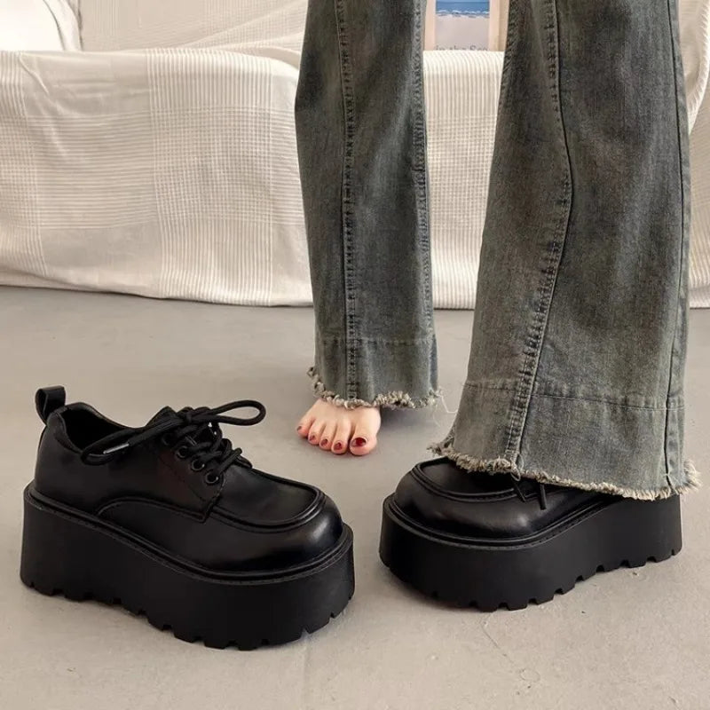 Women's Slope Heel Shoes Fall New Round Head Deep Mouth Front Lacing Thick Sole Non-slip Low Top Shoes