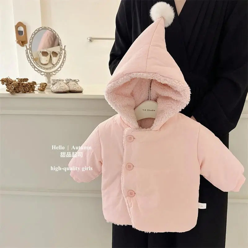 Girls Coat 2025 Autumn and Winter New Childrens Clothing Korean Girl Baby Plus Velvet and Thick Warm Pure Color Cotton Clothes