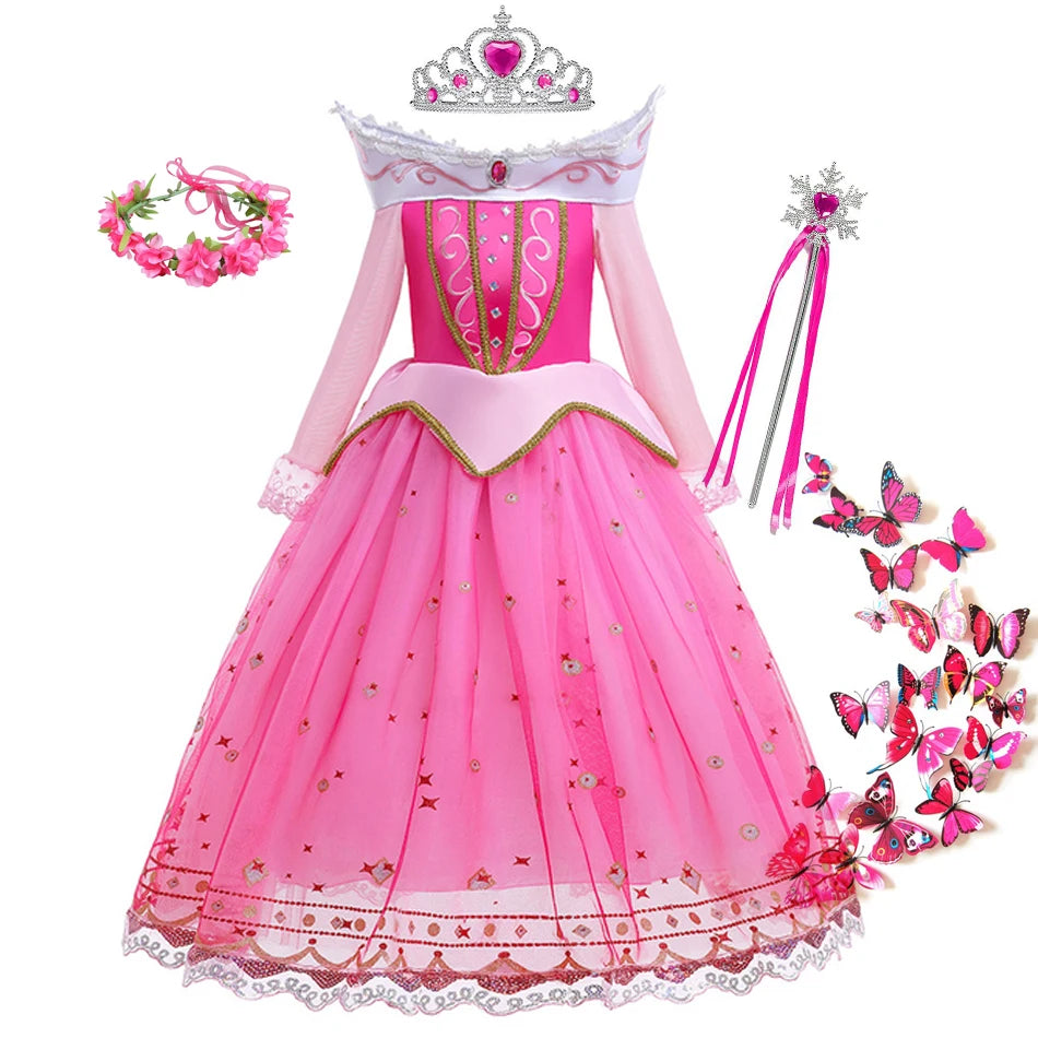 Sleeping Beauty Costume for Girls Aurora Dress Long Sleeves Off Shoulder Kids Halloween Christmas Fancy Party Princess Clothing