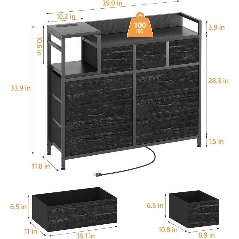 9 Drawer Storage Bedroom Dresser TV Stand |   Multi-Functional with Built-in Charging Station Tall Dresser for Closet O