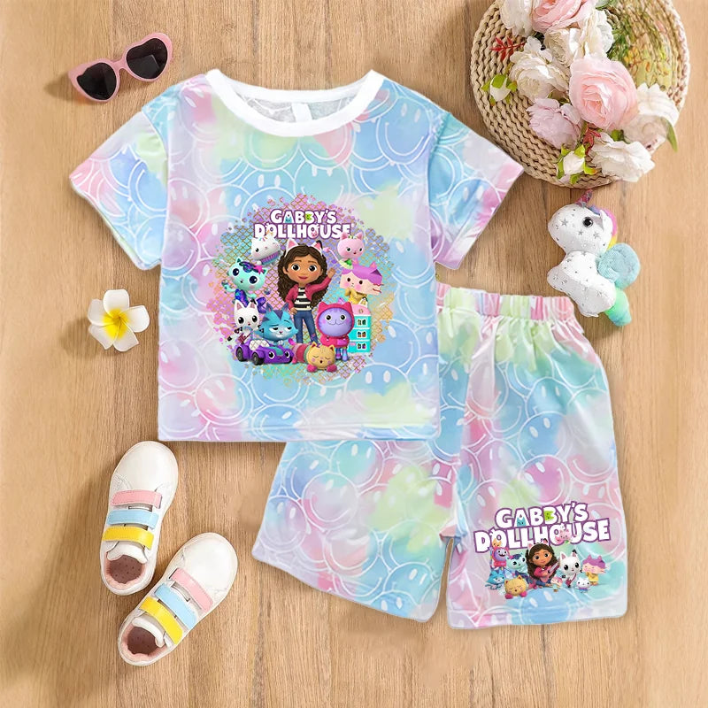2pcs Gabby Dollhouse Sets Summer Breathable Sweat Absorbent Kids Clothes Baby Girls Kawaii anime Smile Short Sleeve Thin Suit
