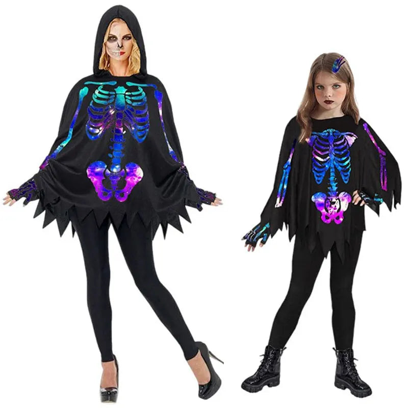 Parent-child Skeleton Costume Cloak Cape Poncho for Child Adult Unisex Scary Halloween Costumes Fancy Dress Outfit Fluorescence