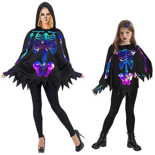 Parent-child Skeleton Costume Cloak Cape Poncho for Child Adult Unisex Scary Halloween Costumes Fancy Dress Outfit Fluorescence