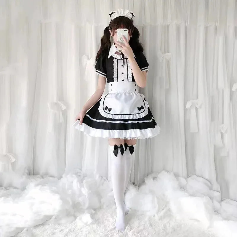 Sexy Lingerie Lolita Maid Cosplay Costume Women Headwear Apron Fake Collar Bowknot Black Dress Halloween Party Outfit