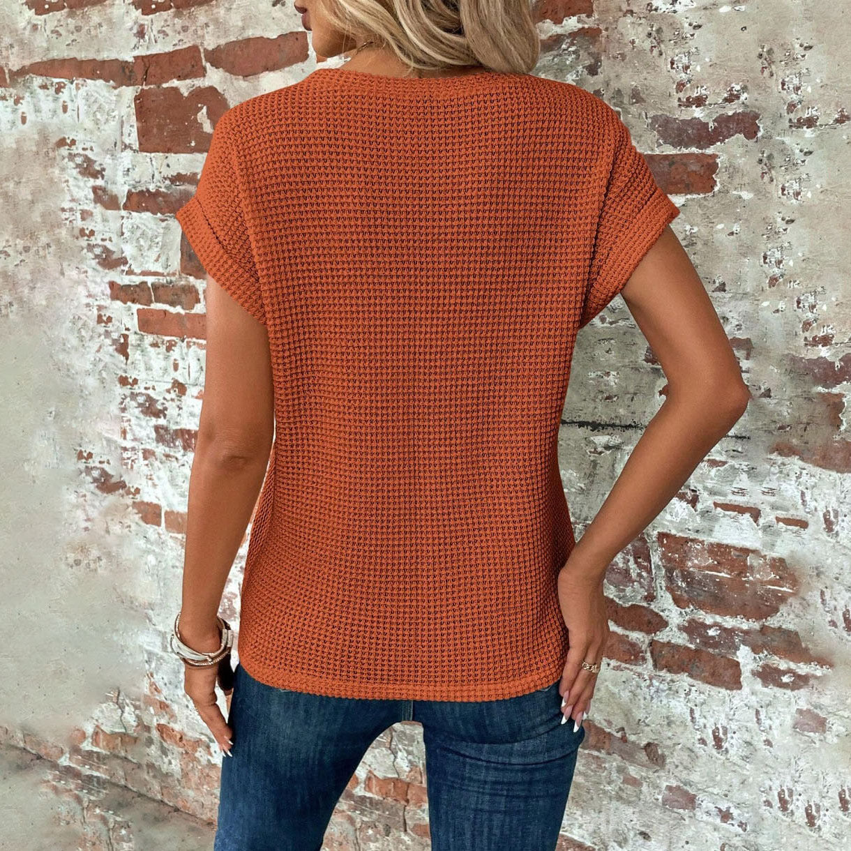 Short-sleeved Waffle T-shirt Summer New Solid Color Crew Neck Top For