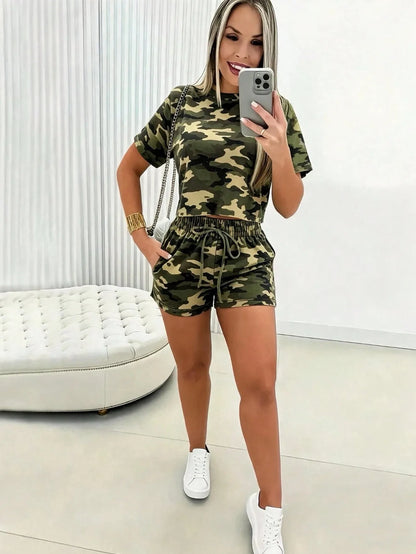 2026 Women's Short-Sleeve Set Brazilian Print T-Shirt Set Crew Neck Retro Streetwear Trendy Clothing Crop Top Sports Set