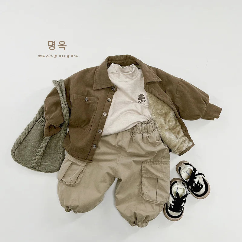 Autumn Winter Children's Coat New Solid Color Retro Turn-Down Collar Long Sleeve Single breasted Pocket Thickened Warm Coats