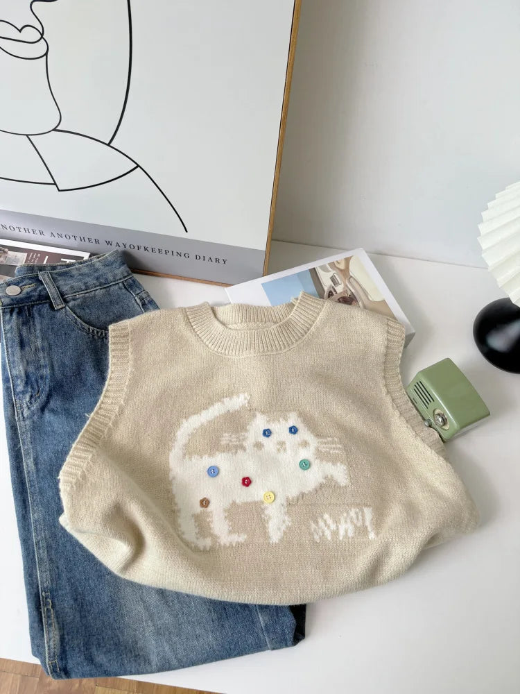 Korean Cute Cat Knitted Sweater Vest For Women 2025 New Colorful Buttons Round Neck Knitwear Loose Casual Versatile Pullovers