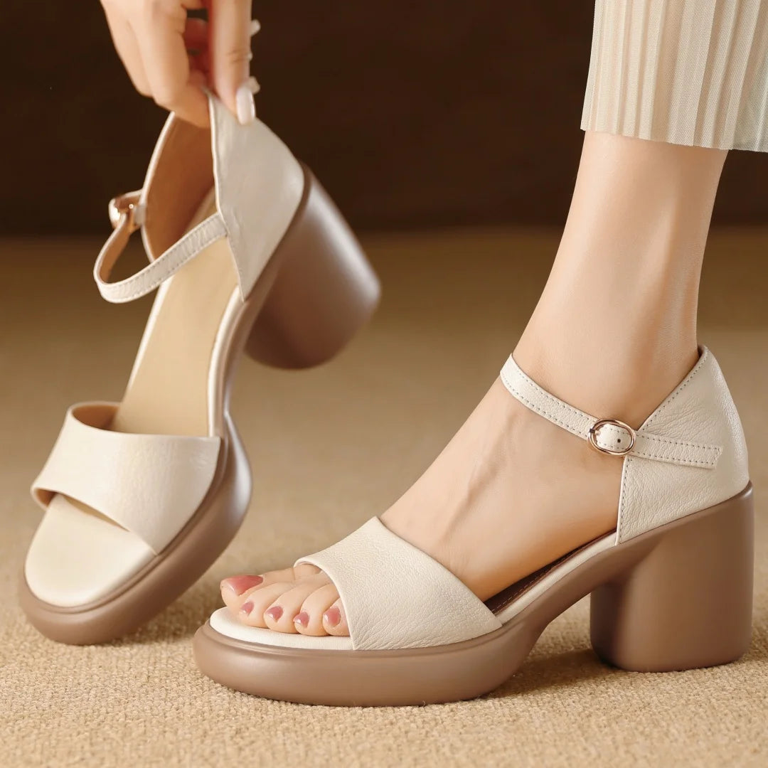 danxuefei women's sheepskin ankle strap open toe sandals 8cm round chunky heel platform summer pumps high heeled shoes for woman