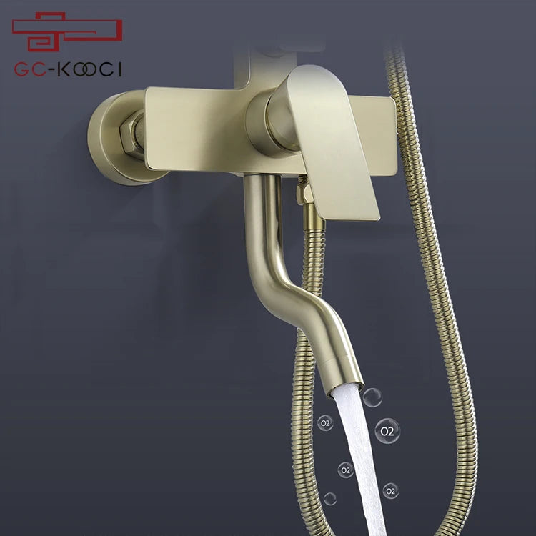 European Style Contemporary Brass Wall Mounted Rain Shower Head Set Single Handle with Brushed Gold Finish Made from Copper
