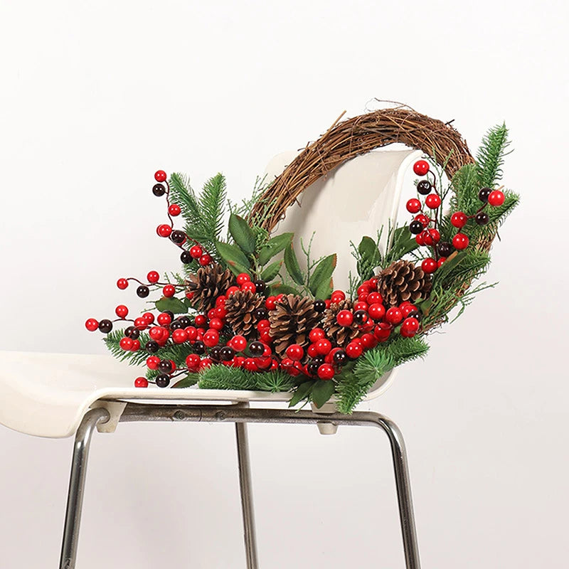 Christmas Rattan Wreath Pine Natural Branches Berries Pine Cones  Christmas Wreath Supplies Home Door Decoration For New Year's