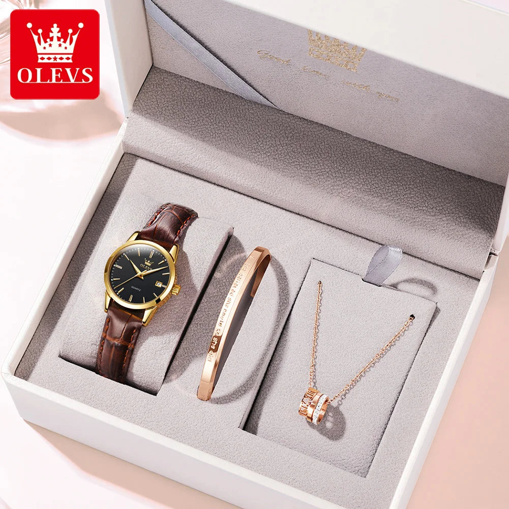 OLEVS Watch 6898 Women Watches Original Elegant Quartz Watch Waterproof Luminous Leather Strap Date Ladies Set Bracelet Watch