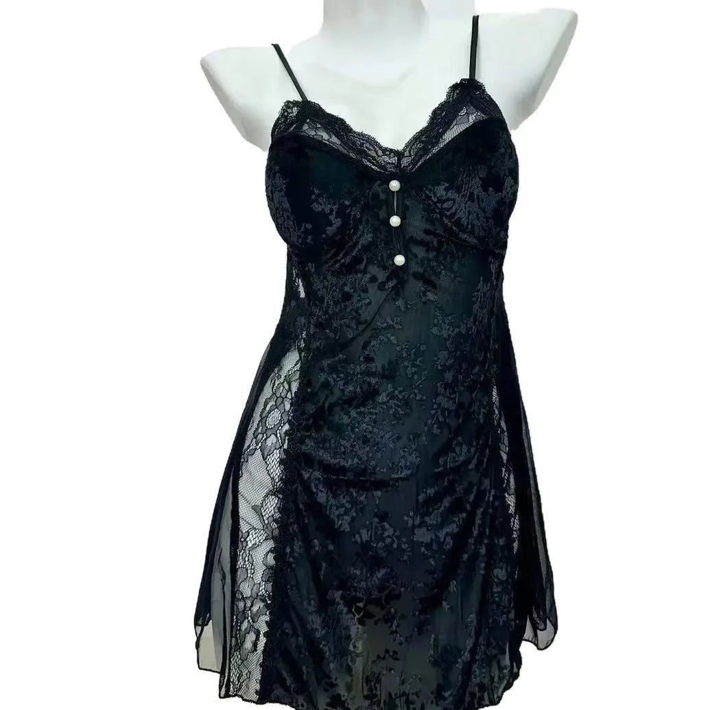 2025 New Balck Lace Patchwork Sling Nightdress Set Women Sexy Mesh Robe Jacquard Flower Home Dressing Gown Women Lingerie