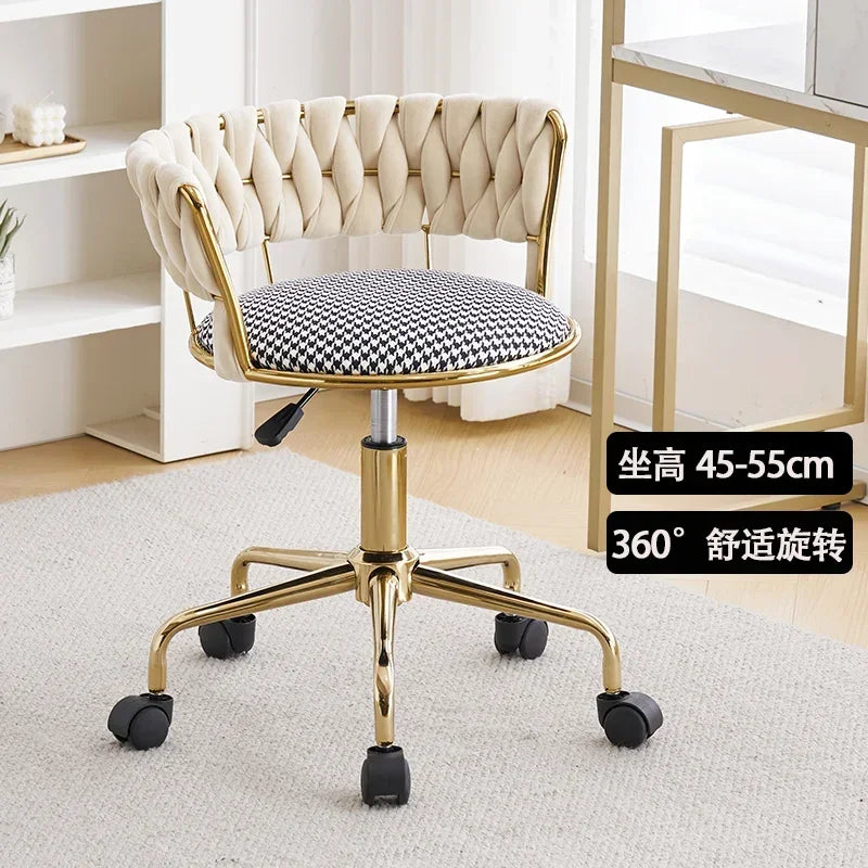 Nordic Makeup Chair With Woven Backrest, Houndstooth Pattern Seat For Bedroom,