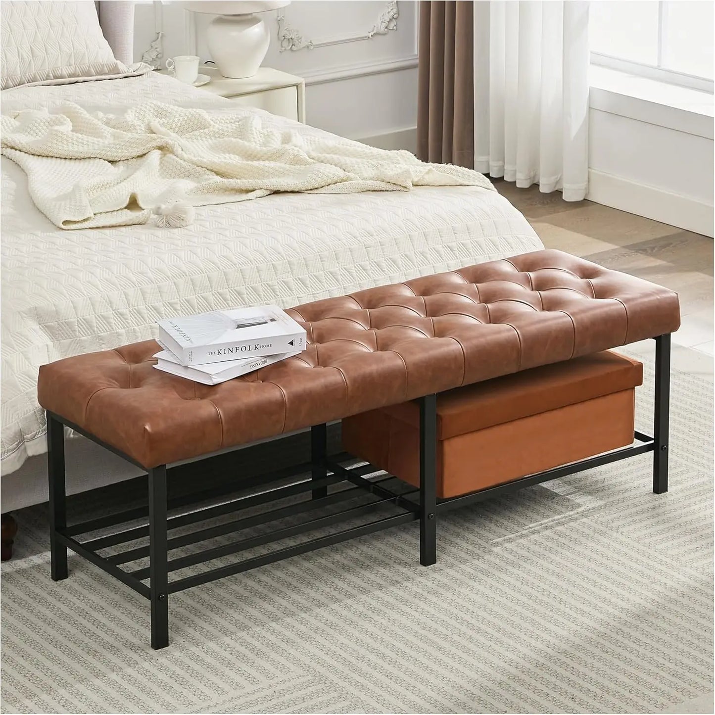 55.5" End of Bed Bench, Modern Chenille Button Tufted Bedroom Bench, Upholstered Storage Shoe Bench with Metal Base, Dinning Tab