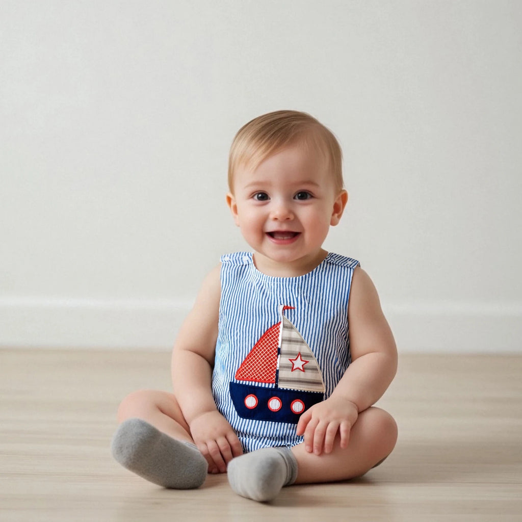 Baby Boy Striped Overalls Romper Sailboat Embroidered Sleeveless Bodysuit Cute Summer Clothes