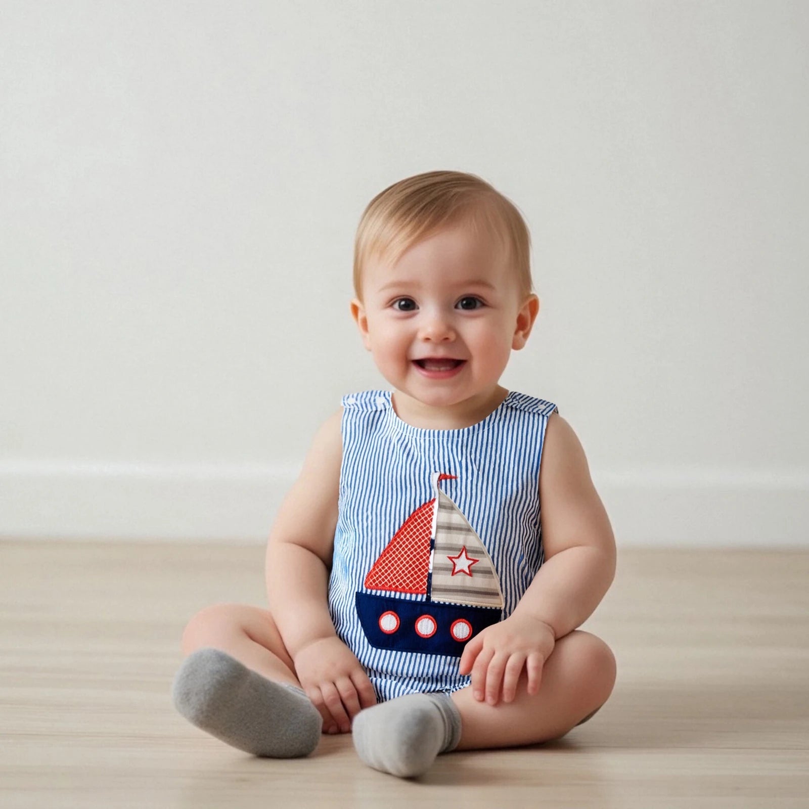Baby Boy Striped Overalls Romper Sailboat Embroidered Sleeveless Bodysuit Cute Summer Clothes