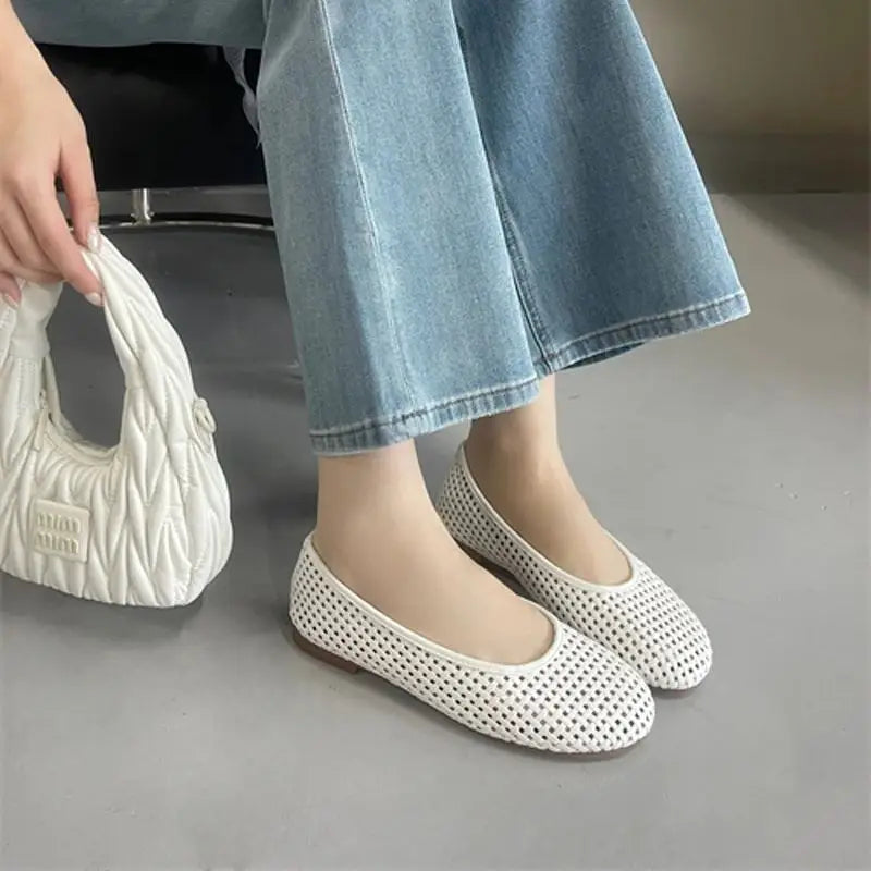 White Flats Ladies Low Heels Pumps Summer Office Shoes Blue Porosity Mary Jane Flat Shoes Comfort Ballet Plus Size 42 43
