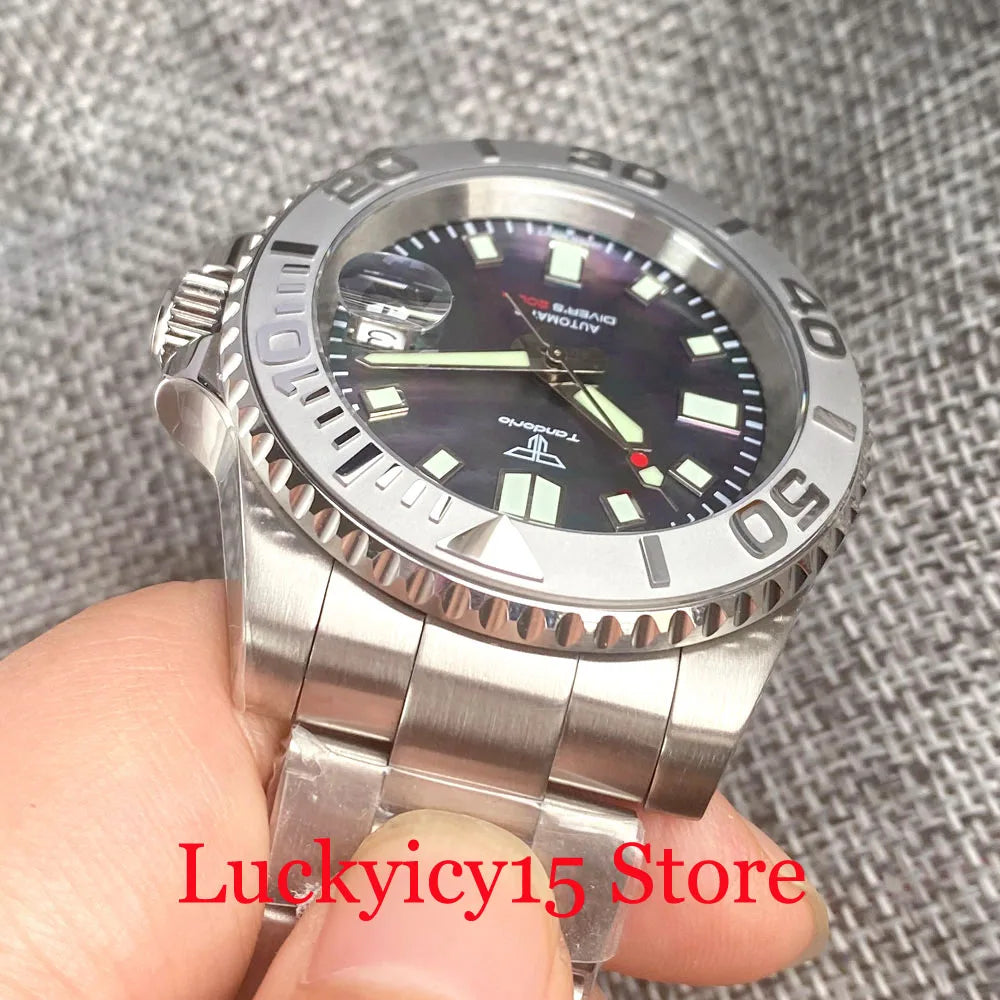 Customized NH35A Automatic Mechanical Watch Men Black Mother of Pearl Dial Luminous 200mWaterproof 40MM Brushed Case Date Cyclop