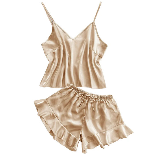 Fashion Strap Top Shorts Women Ice Silk Pajamas Suit 2Pcs Sexy Lingerie Suit Underwear Summer New Home Clothes Loungewear