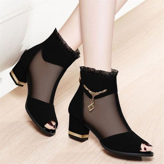 Women's Sexy Frill Hollow Ankle Boots Chunky All Matching