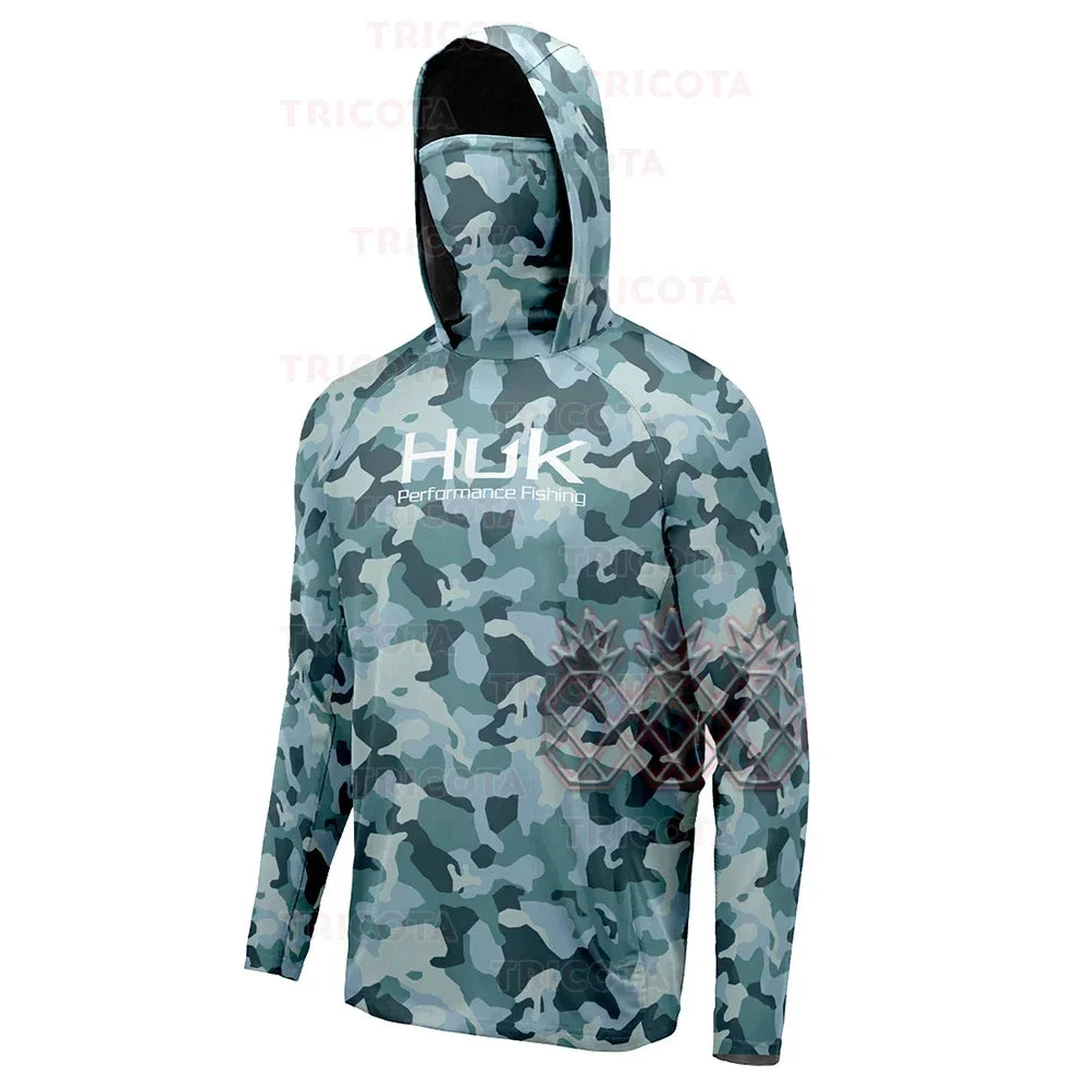 HUK Fishing Shirt Mask Outdoor Men UV Protection Fish Hoodie Clothing Long Sleeve Breathable Performance Fishing Jersey UPF 50+