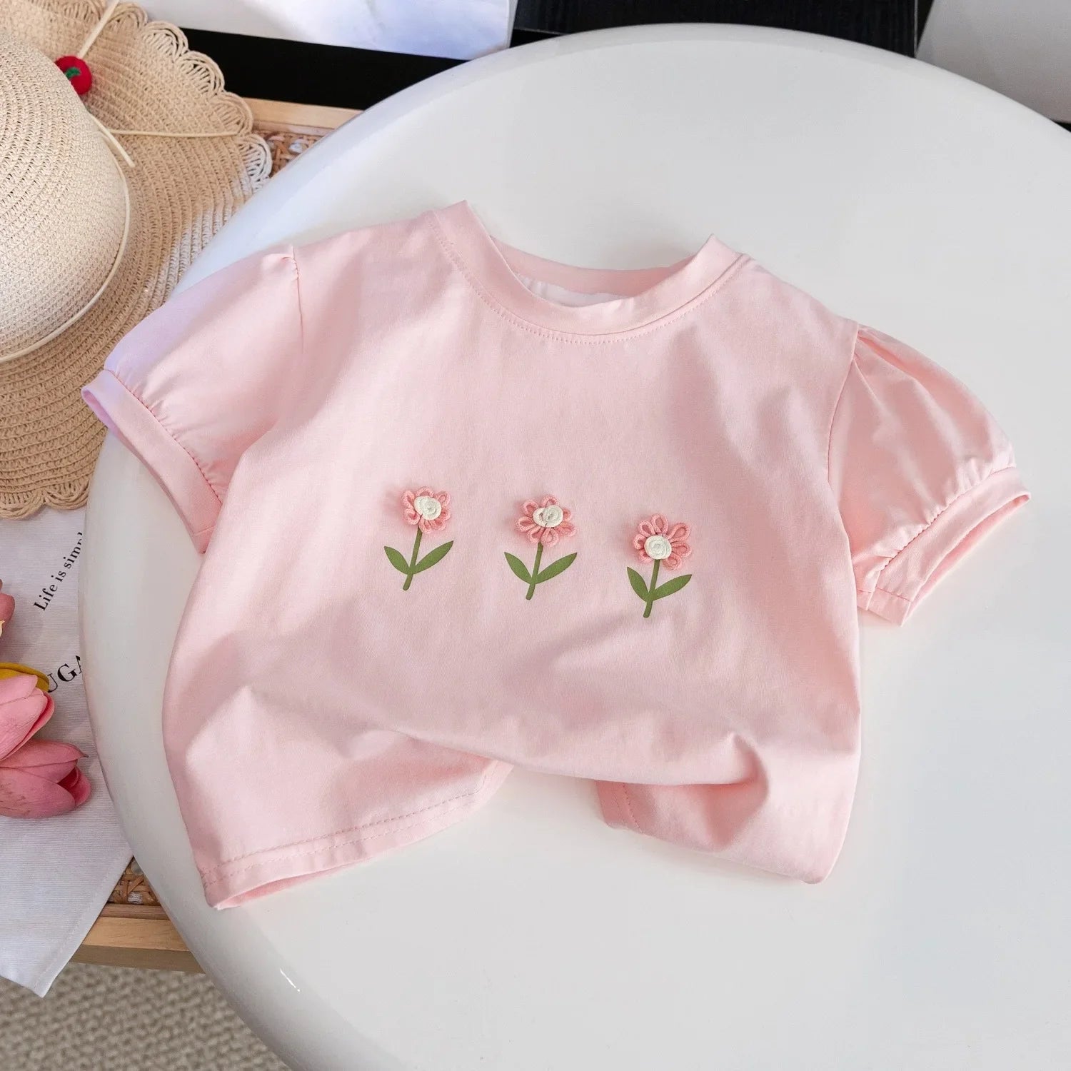 (Children's Clothing Girls Short-sleeved Summer Cotton Cute Baby Girl Stylish Flower Children's T-shirt Clothes