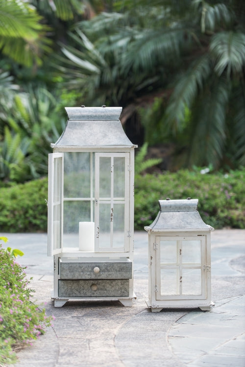 Set of 2 Ivory Wood & Metal Hurricane Candle Lanterns