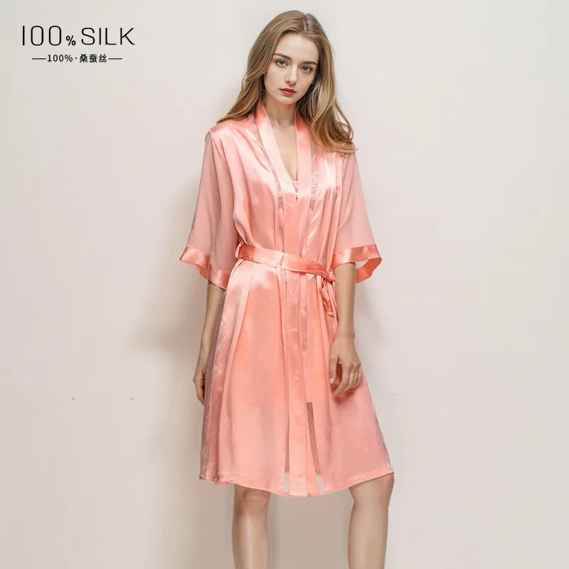 Midi Silk Nightgown 100% Mulberry Silk Sheer Lace Robe Sexy Nightwear Bathrobe Morning Gown Half Sleeves Satin Robes Lingerie