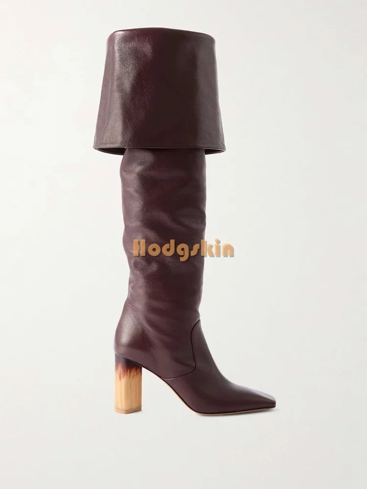 Bohemian Square Toe Boots Solid Retro Turned-over-Edges Gradient Wooden High Heels Boots Slip-on 2025 Women's New Fashion Shoes