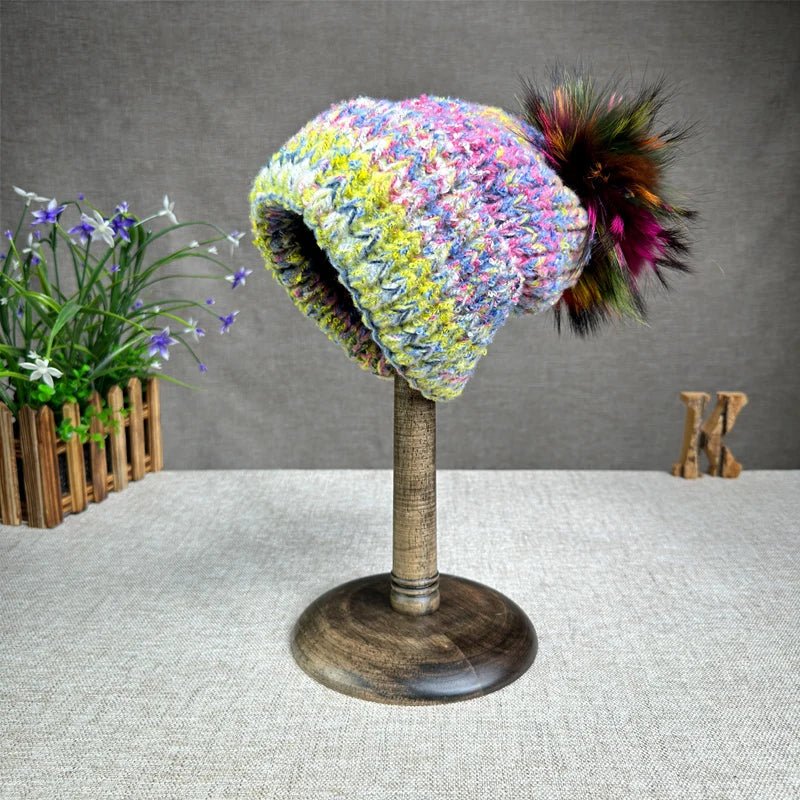 Autumn and winter colorful wool blend women's warm real fox fur ball hat European and American travel Christmas fashion