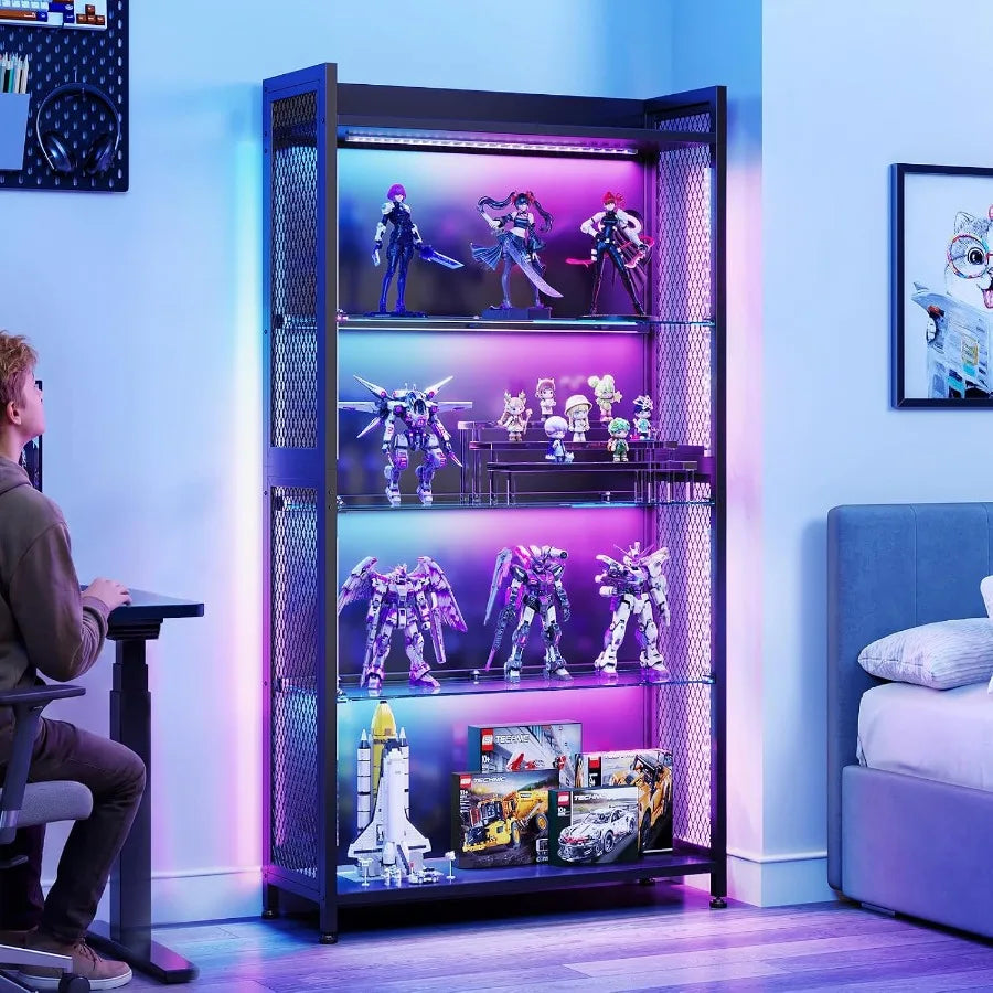 Display Case with Glass Shelves, RGB Light 4-Tier Display Cabinet