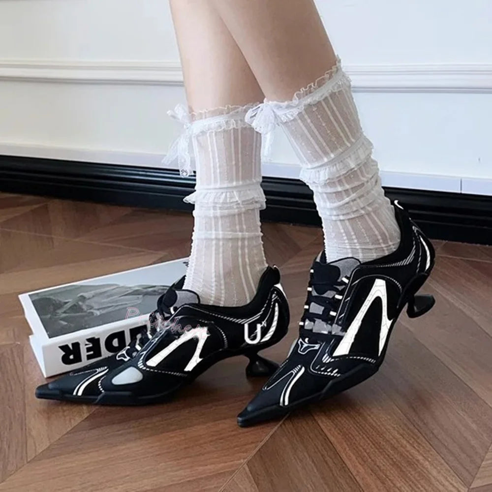 Sporty Ballet Casual Lace-up Sneaker Mesh Pointed Toe High Heels Women Stilettos Pumps Sexy Black Silver Girl Shoes Spring New