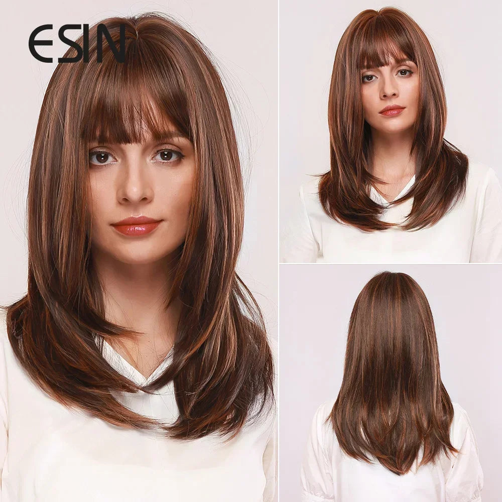 ESIN Synthetic Dark Brown Wig Long Wave Wigs for Women Hair Wig With Bangs Heat Resistant Party Daily Natural Use