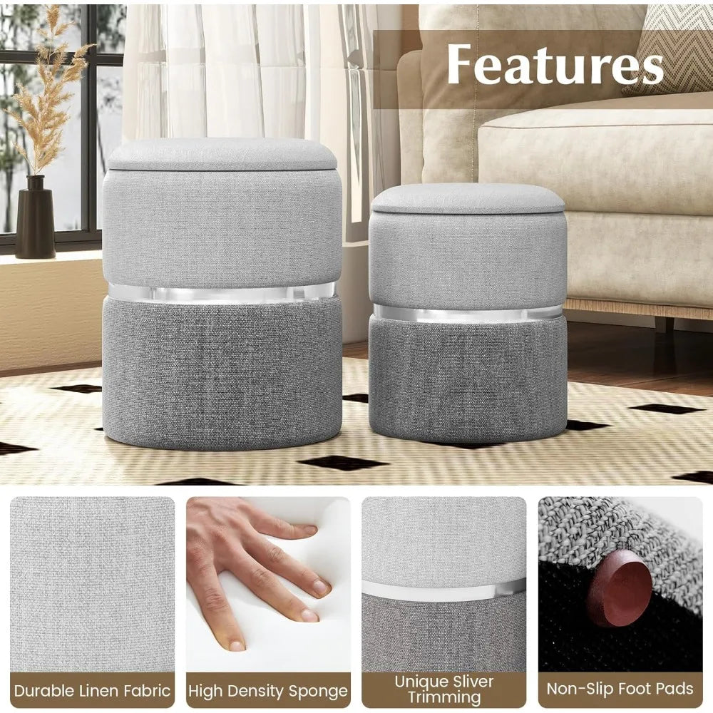 Storage Ottoman Set of 2, Modern Round Ottoman with Storage, Upholstered Linen Fabric Footrest with Sliver Hoop, Vanity