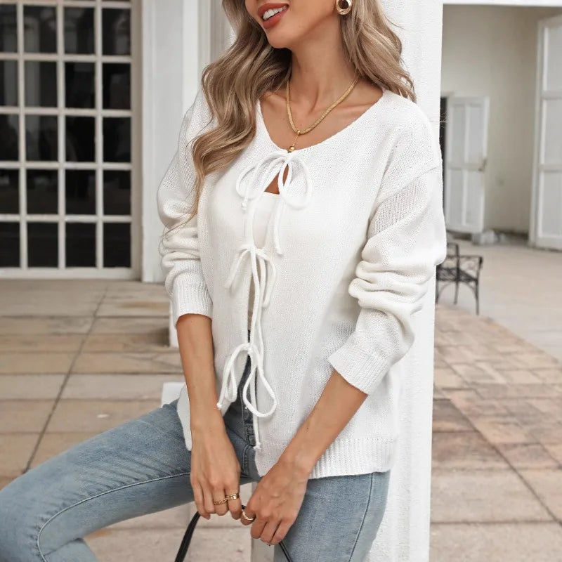 Elegant Women's Knit Cardigan with Decorative Bow Round Neck Casual Long Sleeve Cover Up Soft Chunky Sweater Coat