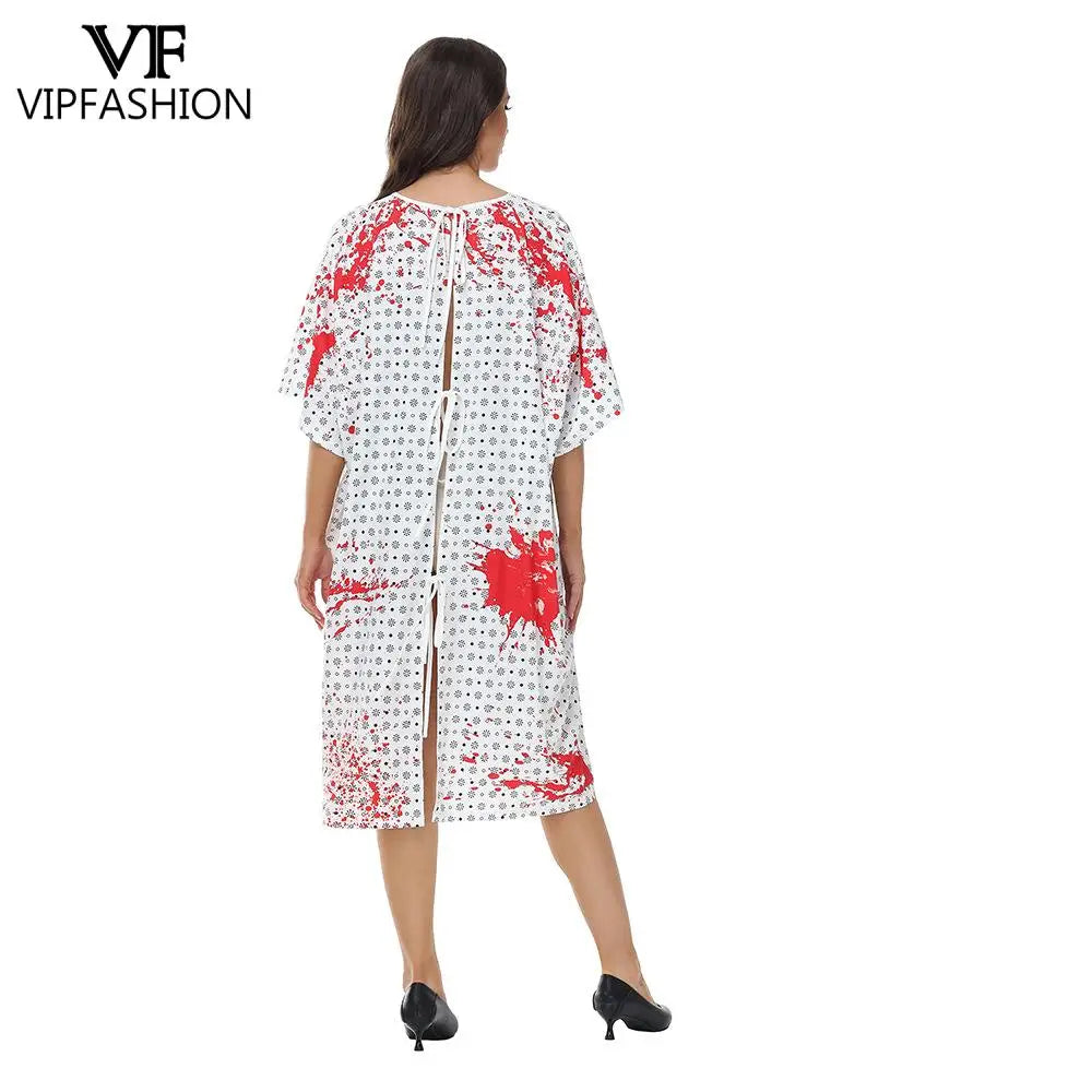 VIP FASHION Bloody Doctor Nurse Cosplay Costume Adult Halloween Party Outfit with Hat Short Sleeved Apron Stage Performance Suit