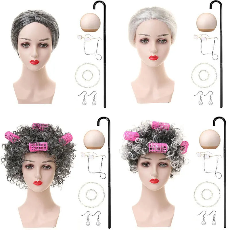 Halloween Granny Granny Grey Wig Grandpa Hair Granny Chartered Woman Curling Iron Wig Set