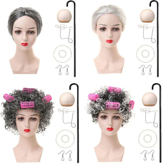 Halloween Granny Granny Grey Wig Grandpa Hair Granny Chartered Woman Curling Iron Wig Set